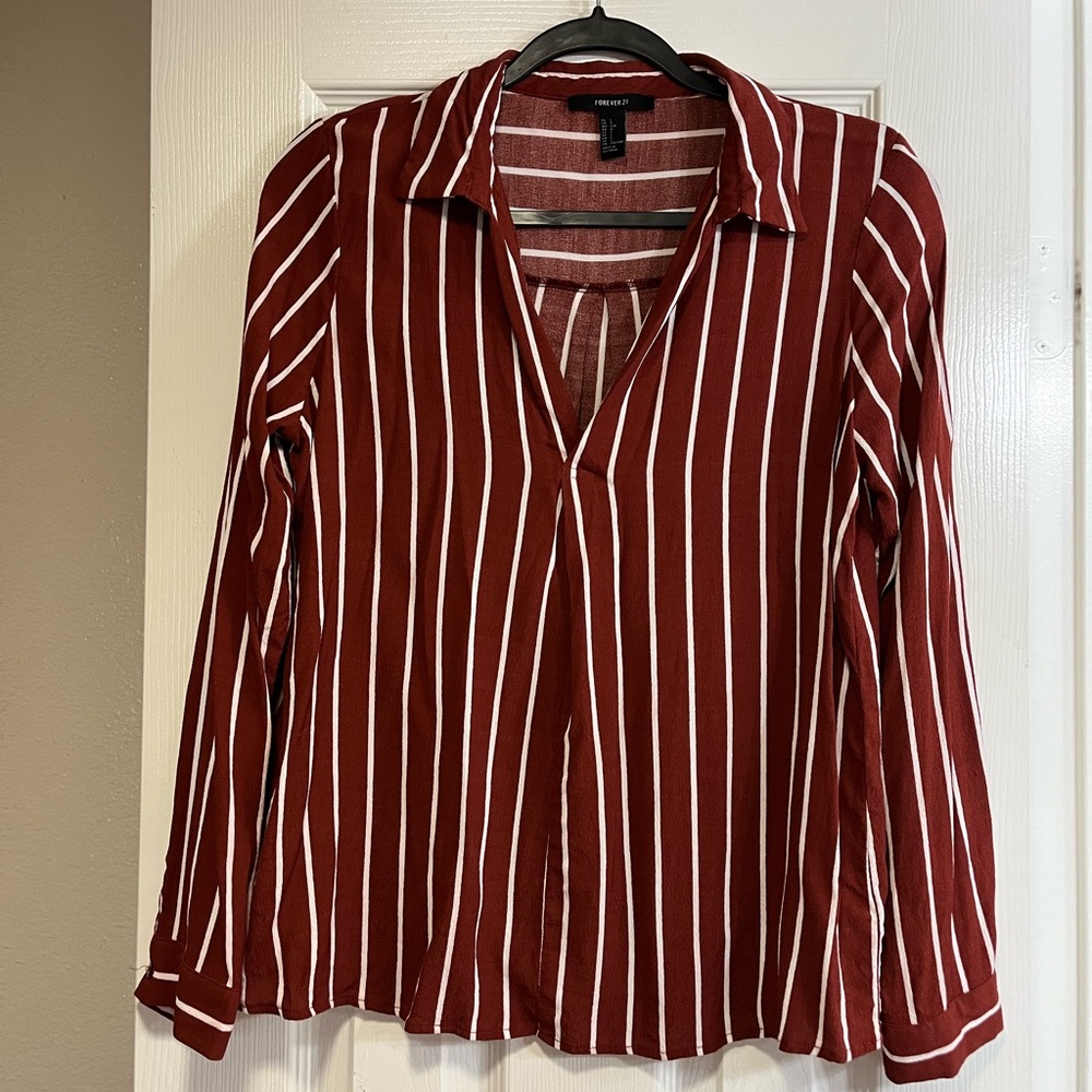 $5 SALE Forever 21 rust & white striped blouse. Long sleeves w/button cuffs. GUC